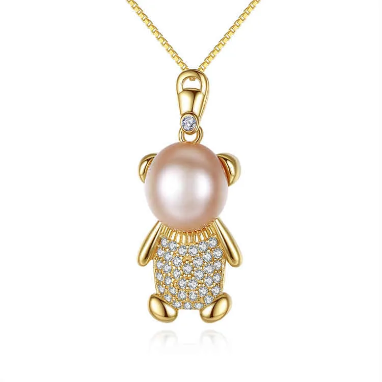 Fascino alla moda Simpatico orsetto a forma di perla con pendente in zircone cubico Collana con catena a catena in argento sterling 925 per donna