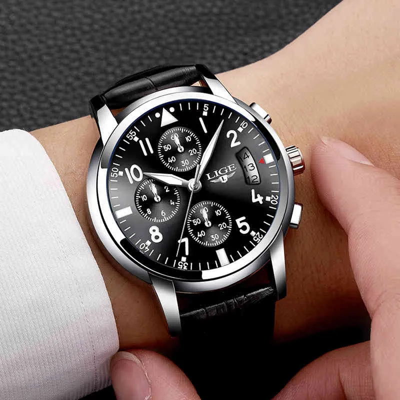 Lige Mężczyźni Casual Skórzany Zegar Biznesowy Mens Zegarki Top Luksusowy Kwarcowy Wrist Watch Mężczyźni Sport Wodoodporny Chronograph Montre Homme Q0524