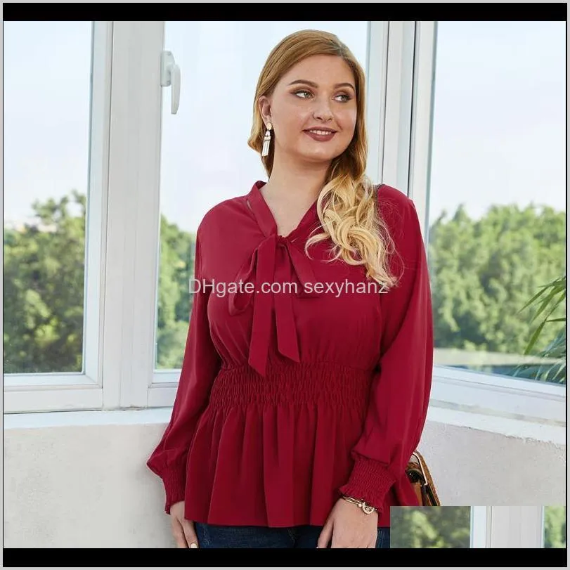 elastic waist bow blouse and tops ladies red bandage solid office elegant long sleeve pink plus size 3xl 4xl shirt women