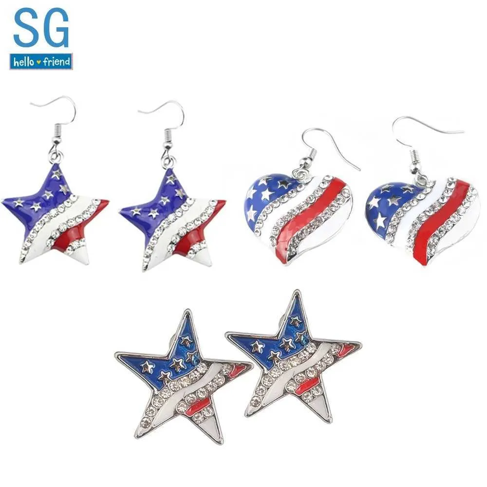 New Fashion Bandiera americana Stella Cuore Orecchini a forma di cristallo Pentacolo Ragazza Patriot Ear Studs Brincos Bijoux Regalo Q0709