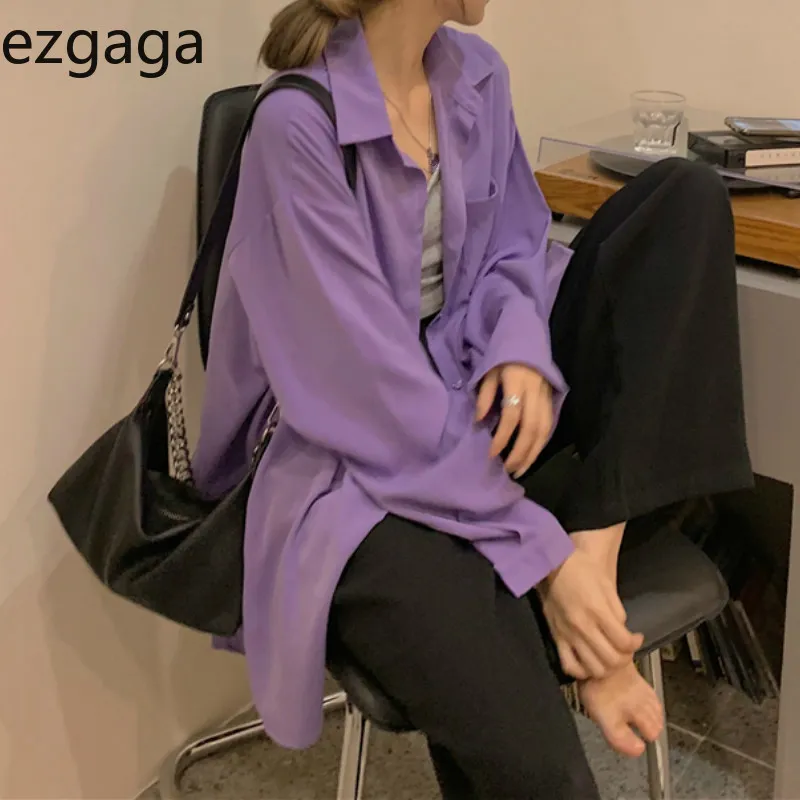 Ezgaga Streetwear Shirts Dames Turn-Down Collar Solid Pockets Harajuku Lange Mouw Baggy Koreaanse Chique Vrouwelijke Tops Casual 210430