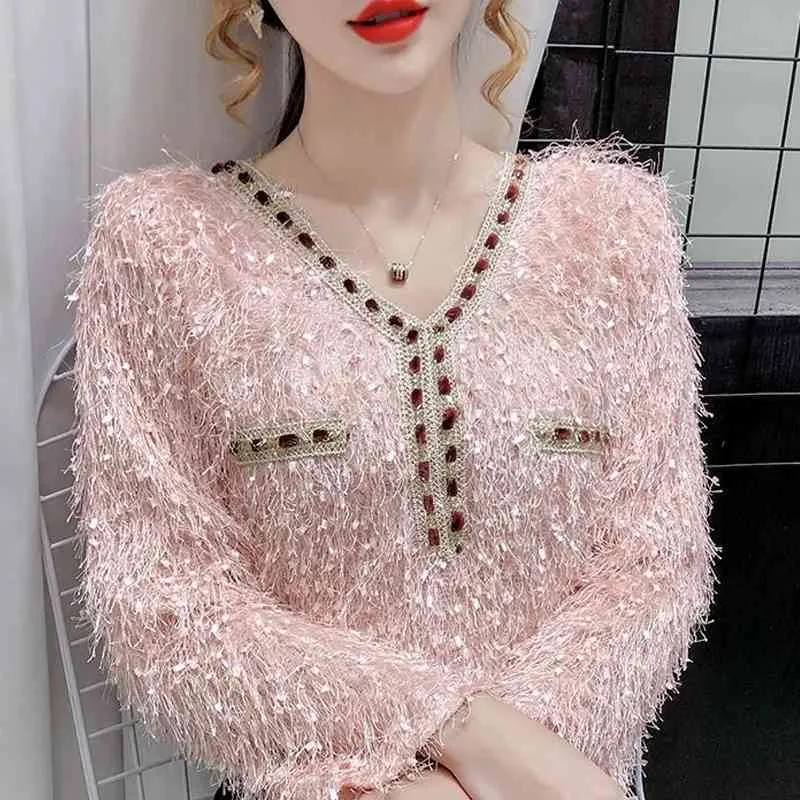 Blouse Women Blusas Mujer De Moda Women Clothing Long Sleeve Beading V-Neck Tassel Lace Blouse Shirt Tops Women Blusa D968 210426