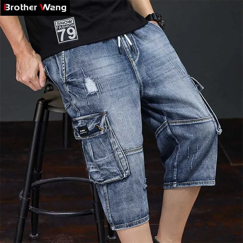 Summer Men Jeans Cargo Shorts Fashion Casual Elasticated Waist Stretch Big Pocket Cropped Jean Male Brand 211108