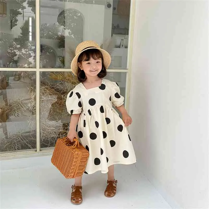 Korean style girls fashion dot square collar long dress cotton kids princess dresses 1-7Y 210708