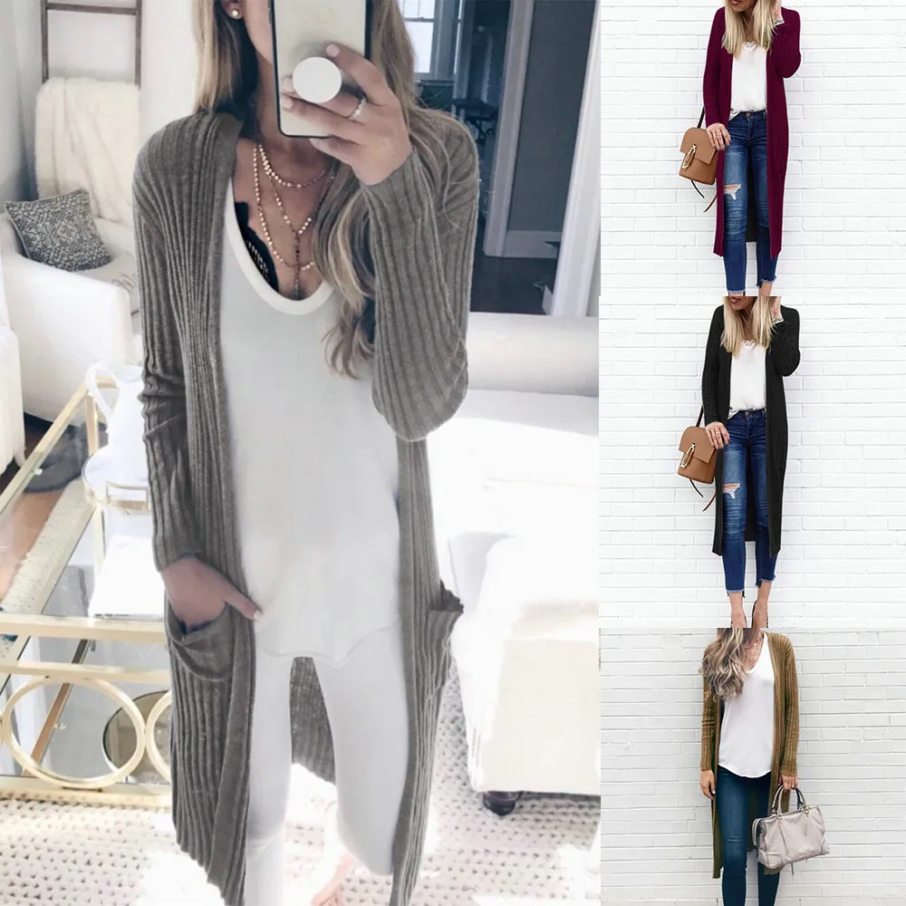 Casual Strikked Midi Rak Höst Vinterrock Streetwear Slim Fickor Kontor Lady Kläder Lätt att matcha Långärmad Kvinnor Coat 210507