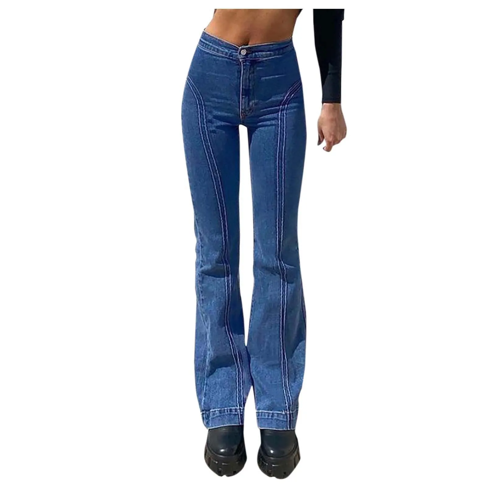 Womens wide Leg Jeans Harajuku Straight Pants Fashion Mid-Waist Retro Stitching Trousers Hip Iifting Slim Vintage Blue color