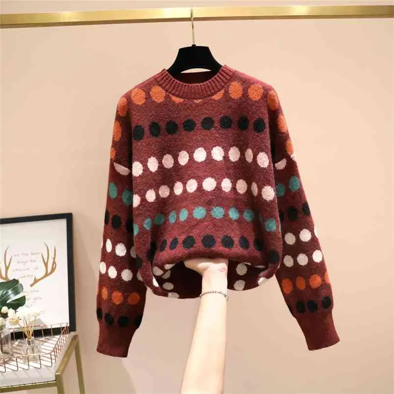 Plus Size Kobiety Upadek Winter Swetry Knit Modne Koreańskie Japonia Topy Polka Dot Luźne Dzikie Kobiece Swetry GX1219 210506