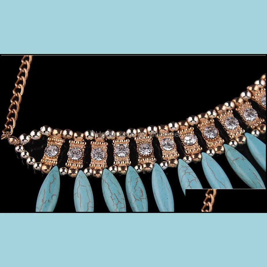 New Women Fashion Turquoise Necklace Bohemian Necklace Jewelry Choker Chunky Statement Pendant Chain Rhinestone Fringe Bib Necklace