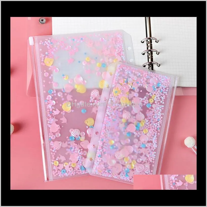 a6 pvc notebook pocket with 6 holes glitter plastic binder inserts pockets 6 ring loose leaf bags filofax zipper envelopes bult-in flakes