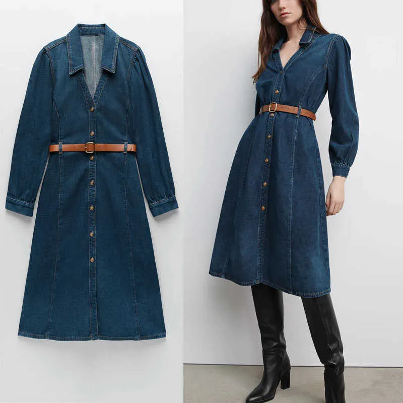 Za vintage denim klänning kvinnor långärmad bälte kontor vår klänningar kvinna chic knäppas upp smal blå midi klänning vestidos 210602