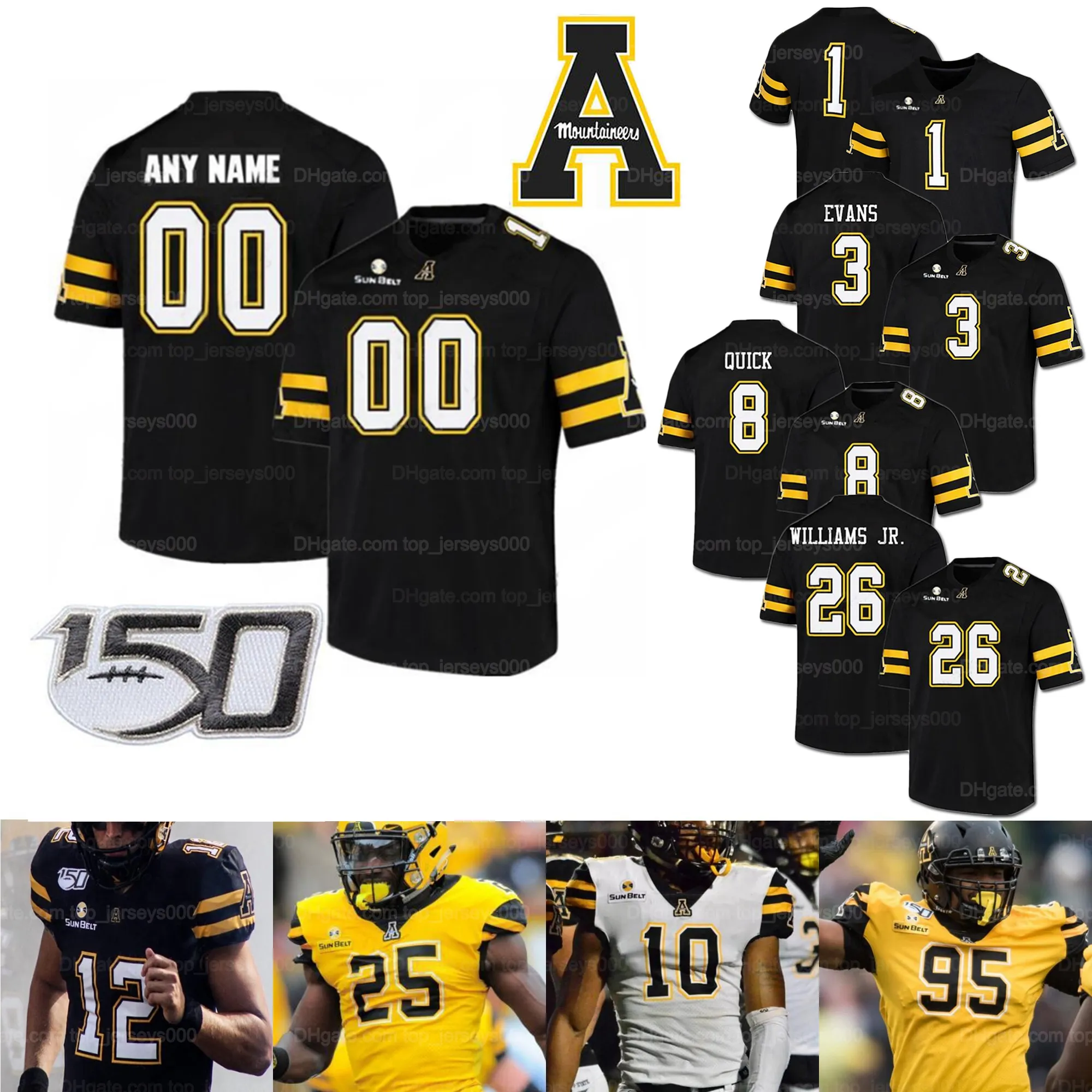 Maßgeschneidertes College-Football-Trikot der Appalachian State Mountaineers Zac Thomas Marcus Williams Jr. Jalen Virgil Corey Sutton Brian Quick Harrington genähter 150. Aufnäher