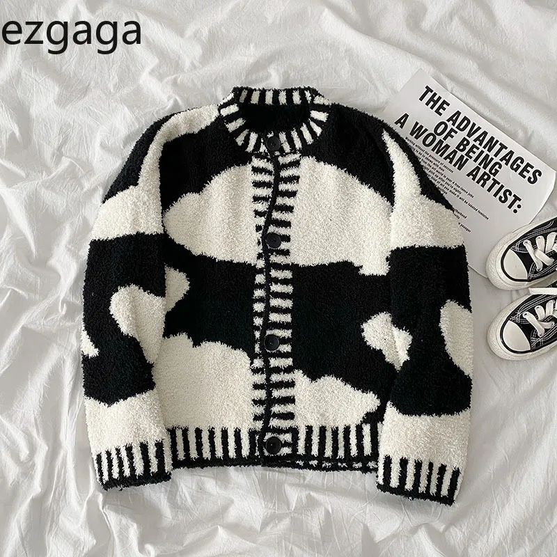 Ezgaga Sweater Jumper Women Cow Contrast Korean O-Neck Long Sleeve Loose Outwear Ladies Knitted Cardigan Fashion Ladies Tops 210430