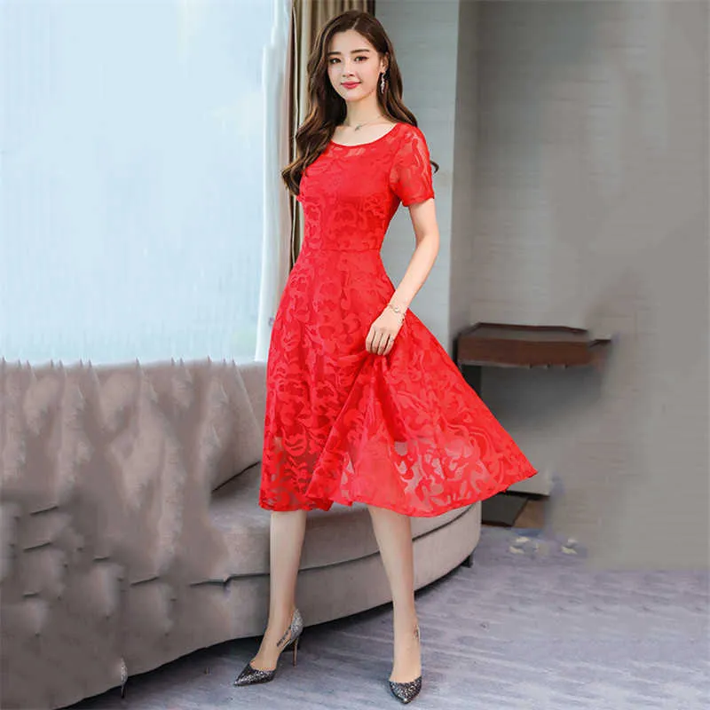 Lace Dress Women Red Party Summer Korean Fashion Short Sleeve Slim Plus Size Knee length Dresses Vestido Feminina LR241 210531