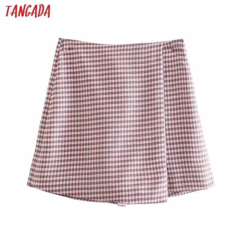 Tangada Women Elegant Plaid Print Skirt Shorts Side Zipper Pockets Female Retro Casual Shorts Pantalones 4M130 210609