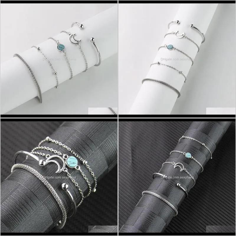 style wind inlaid turquoise simple personalized moon bead chain bracelet 5-piece suit bn-70