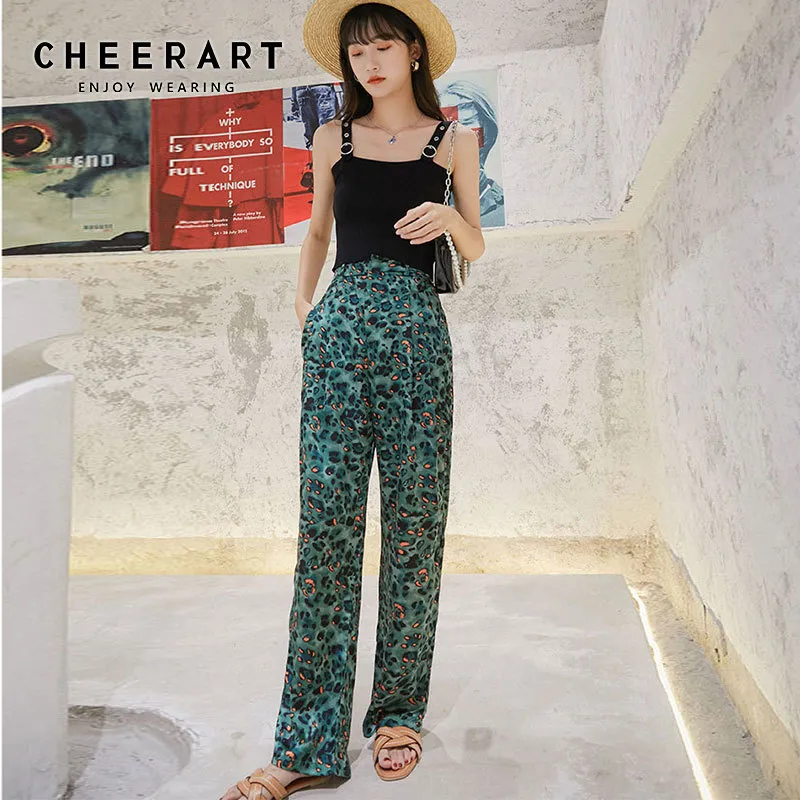 Grön Leopard satinbyxor Sommarbyxor Kvinnor Hög midja Slacks Flowty Long Pant Korean Streetwear 210427