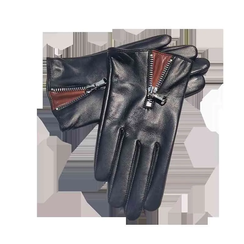 Italian men's leather gloves unlined touch screen luxury drive fashion zipper black268z