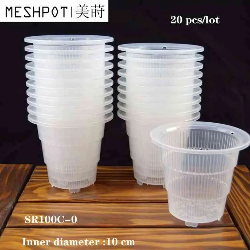 20 pcs / lot Meshpot 10 cm En Plastique Transparent Orchidée Cactus Pots Planteur Succulent Avec Trous Air Élagage Fonction Racine Croissance Fentes 210401