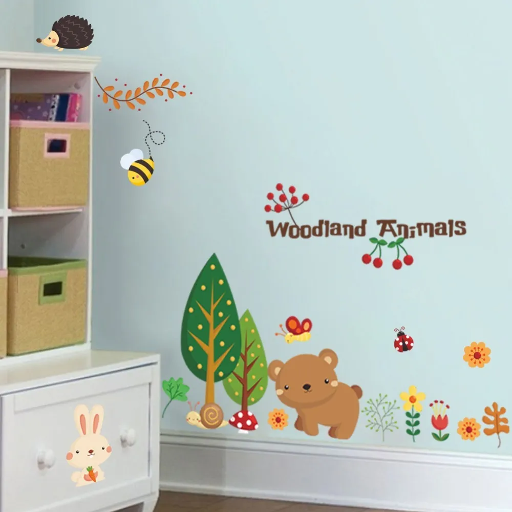 Woodland animals wall stickers for kids room decorations cartoon mural art zoo children home decals posters 1221. 5.0 210420