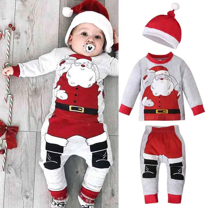 Crianças Natal cosplay vestuário meninos e meninas Papai Noel de manga comprida top + calças chapéu três peças terno