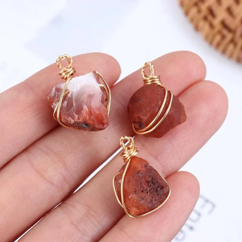 Pendant Necklaces Hand-wound Raw Carnelian With Gold Wire Winding Orange Crystal Healing Stone Jewelry DIY Gift For Women Men