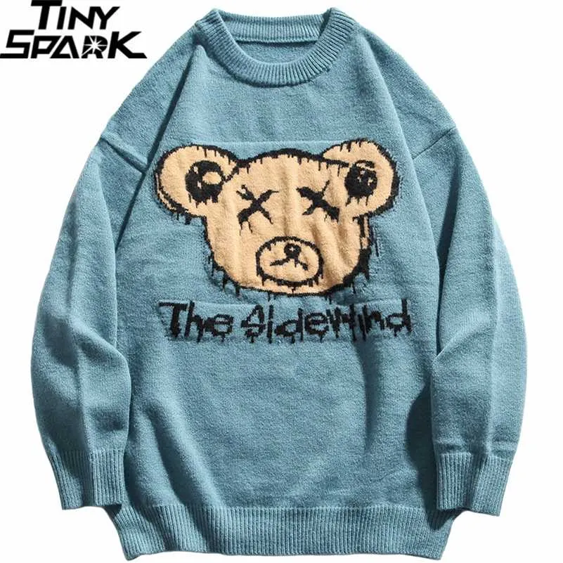 Мужчины хип-хоп уличная одежда вязаный свитер забавный медведь Harajuku свитер джемпер повседневная пуловер свитер синий осень весна 211014