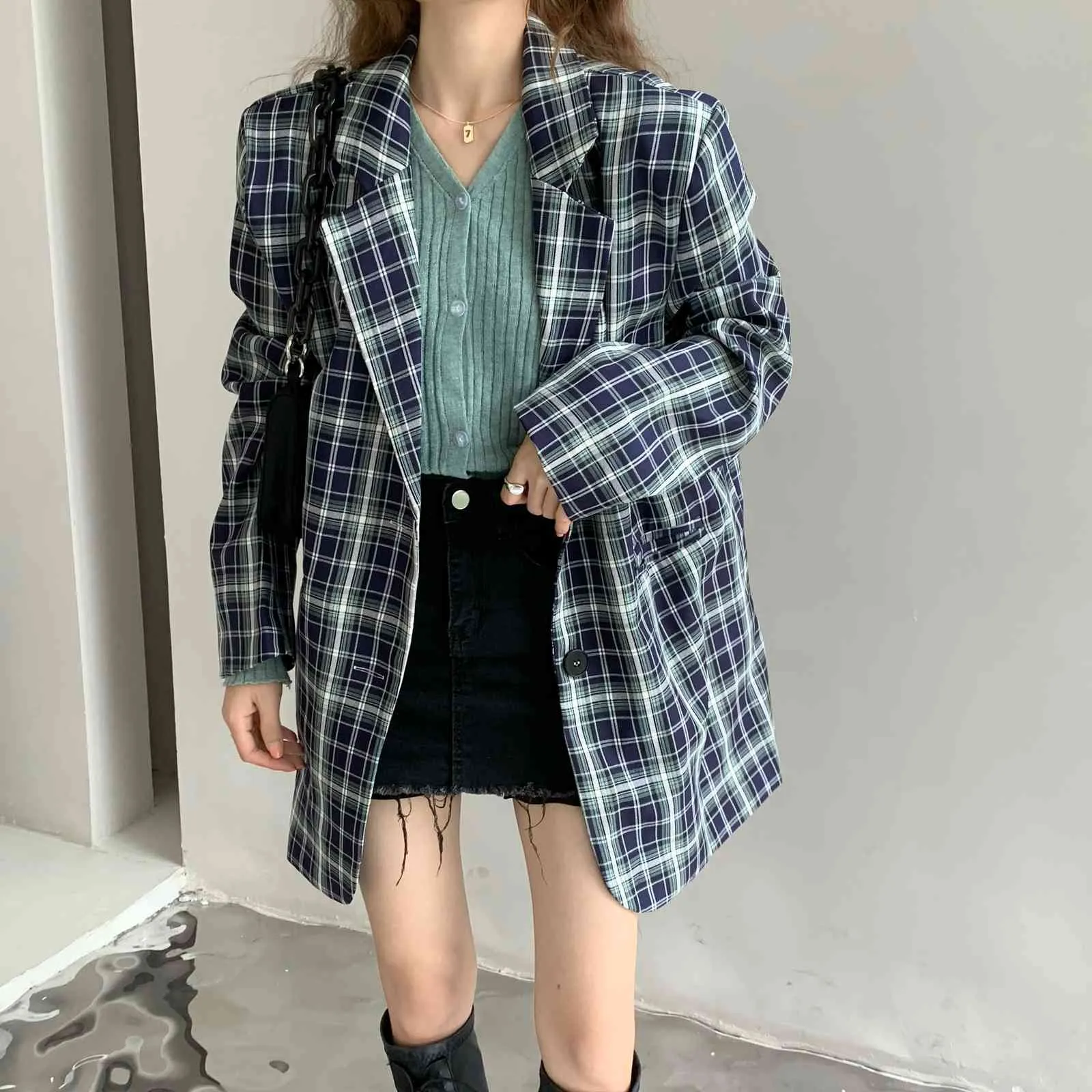 Jesień Vintage Plaid Blazers Kobiety Work Wear Wear Formal Notched Blazer Luźne Elegancka Ol Suit Kurtka Kobieta Ubrania 210421