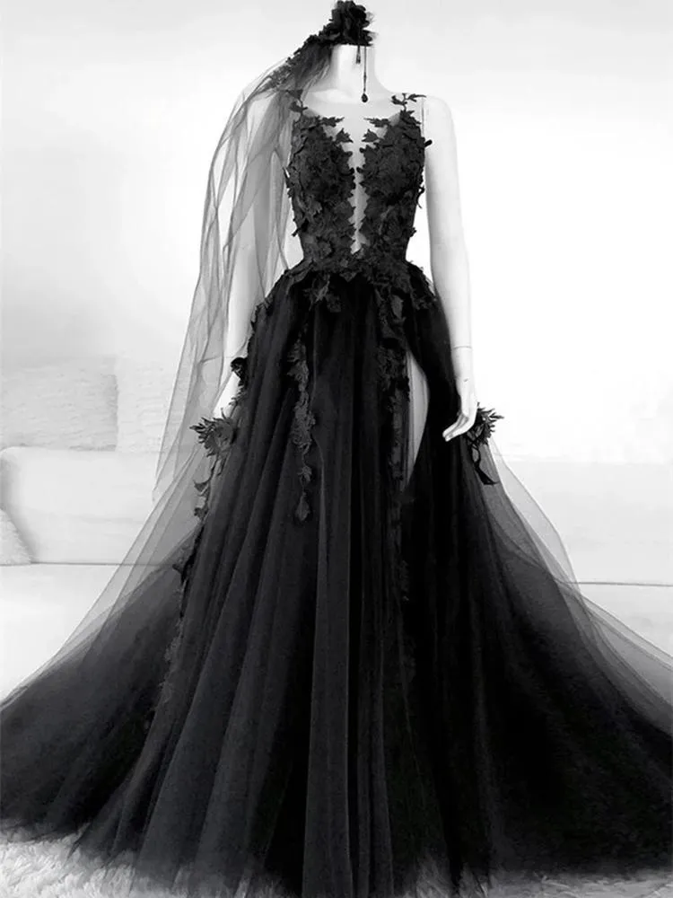 Schwarze Gothic-Hochzeitskleider, ärmellos, Brautkleid, Vestidos de Novia, 3D-Blumenapplikation, seitlicher hoher Schlitz, maßgeschneiderter Tüll in Übergröße