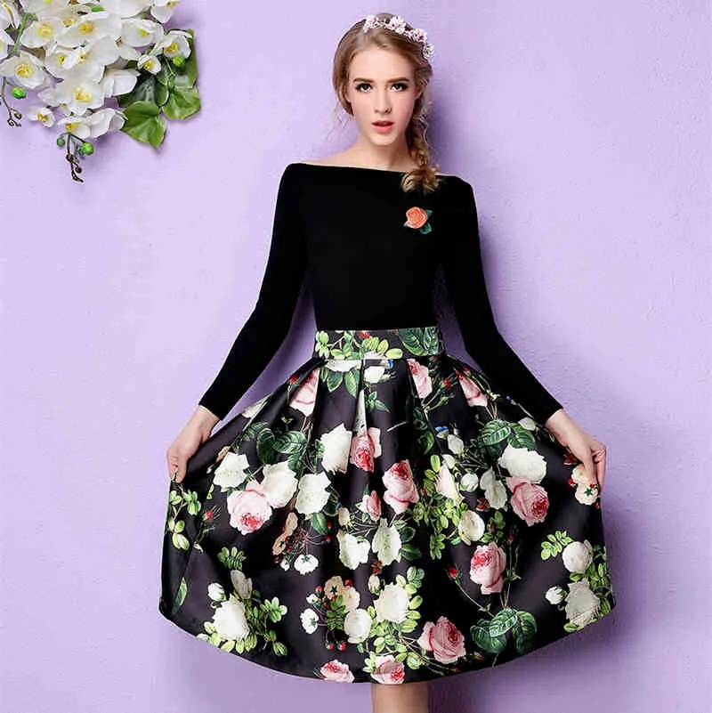 Retro Vintage Big Swing Skirt Floral Pleated Femme Flowers Print Midi Skirts Womens High Waist Ball Gown Skirt 210514