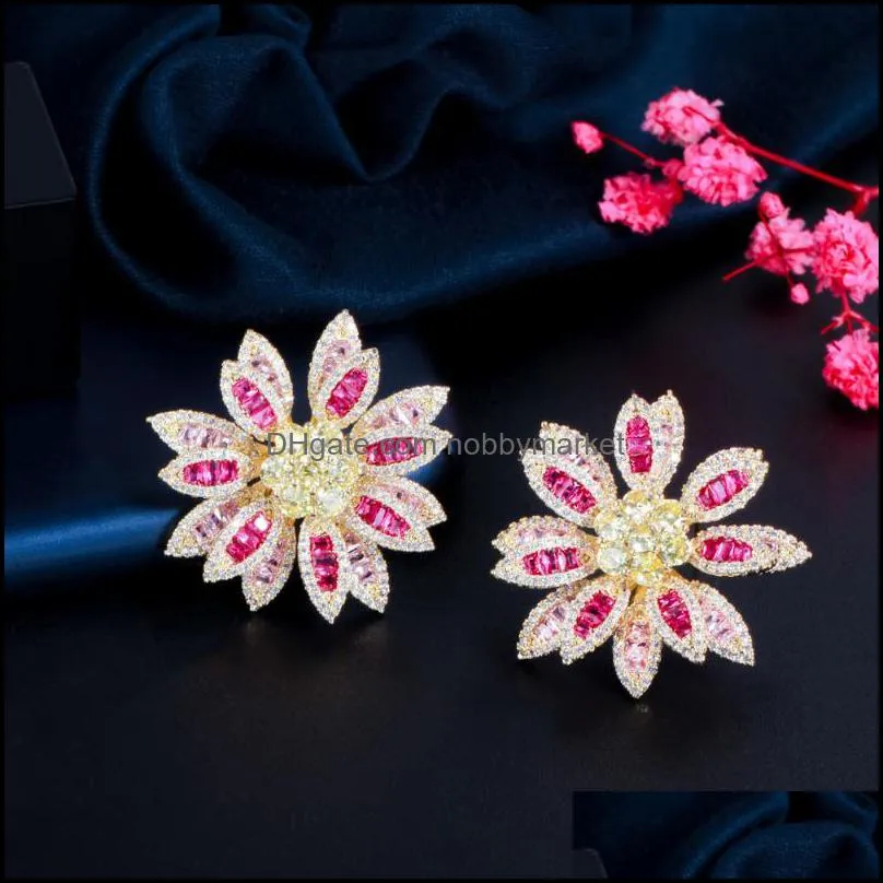 Dangle & Chandelier CWWZircon 3D Luxury Full Cubic Zirconia Pave Red Leaf Big Geometric Earring For Women Engagement Wedding Jewelry