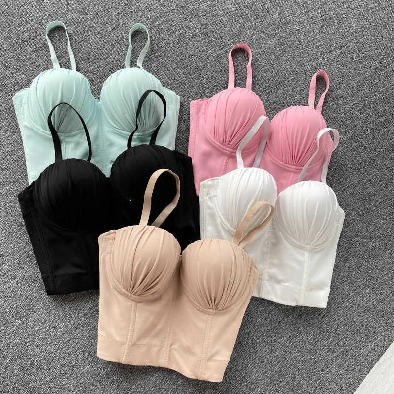 Printemps Été Produit Femme Solide Couleur Tricot Plissé Bras Camisole Filles Elegance Stretch Cropped Tank Tops Y1148 210714