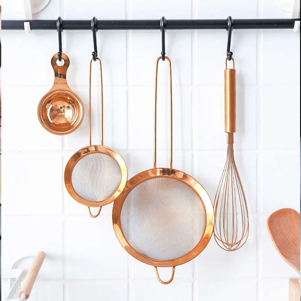 Rostfritt stål Långt handtag Mults Seive Straze Rose Gold Screen Mesh Matlagning Oljestrainer Colander Kök Bakningsverktyg 1pc 210626