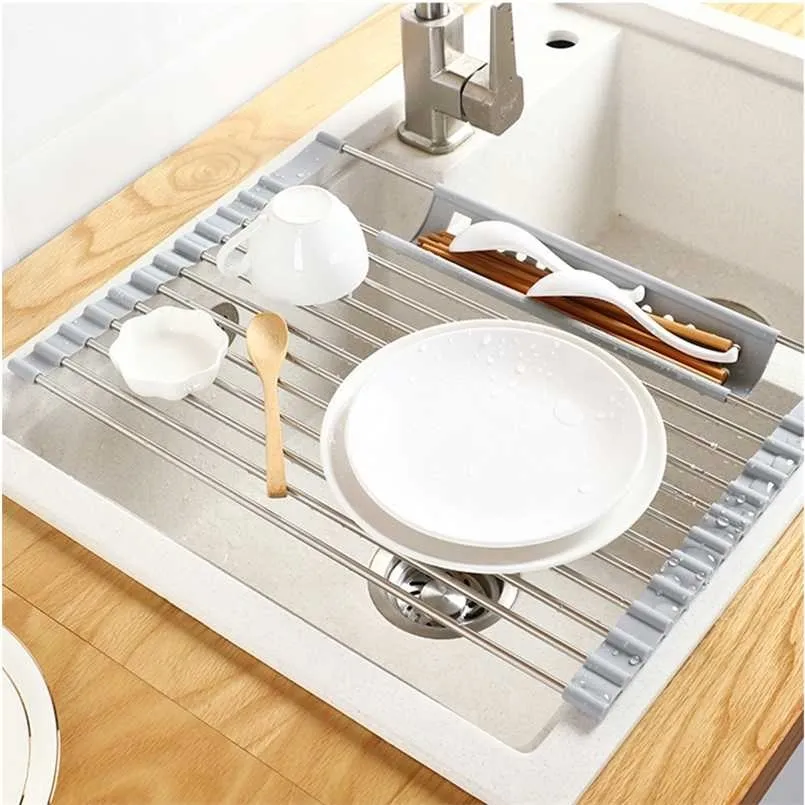 Multifunction Dish Drying Rack Sink Drain Shelf Basket Bowl Sponge Holder Drainer Dryer Tray Kitchen Storage Organizer 211112