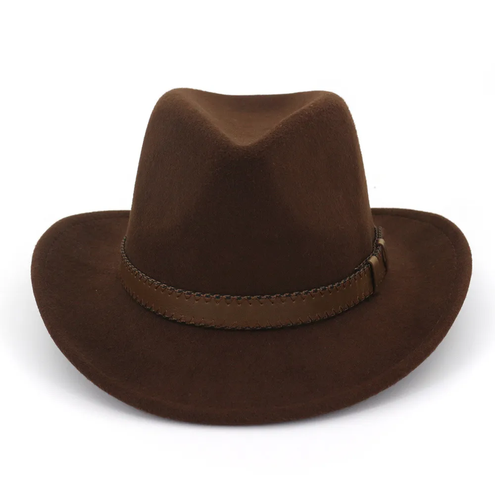 Cowboy-Fedora-Hüte aus Wollfilz mit breiter Krempe und dunkelbraunem Lederband für Damen und Herren, klassische Party, formelle Mütze, Großhandel