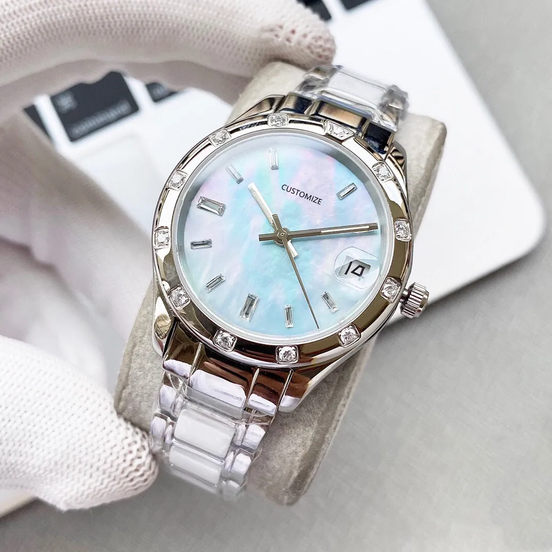 Fashion Brand Automatic Mechanical Women Watches Stainless Steel Ice Squares Diamond watch Blue mother of pearl dial date clock 33mm