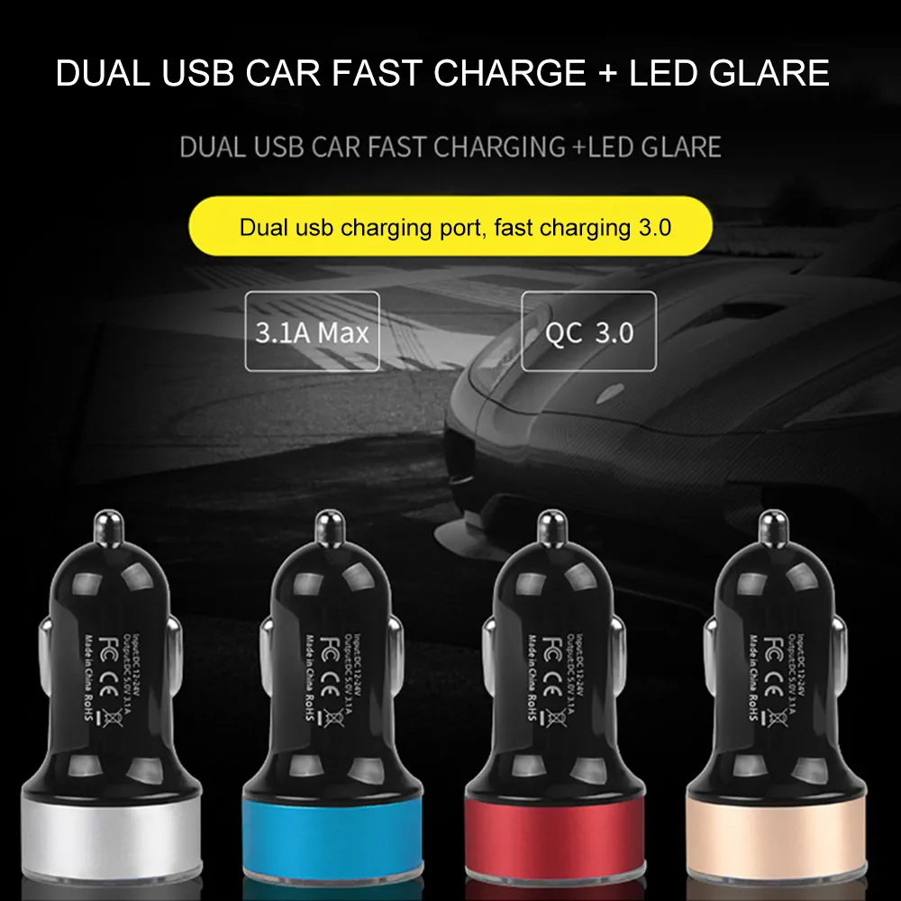 Kostnadseffektiv 2in1 LED Digital Display Dual USB Universal Car Charger för iPhone 12 11 Samsung Huawei Mobiltelefon Fast Charging Adapter