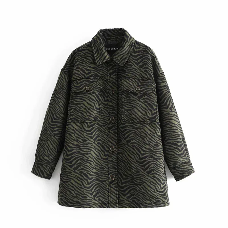 Women Winter Animal Print Warm Lapel Coat Pockets Female Outerwear Retro Fashion Chic Overcoat 210520