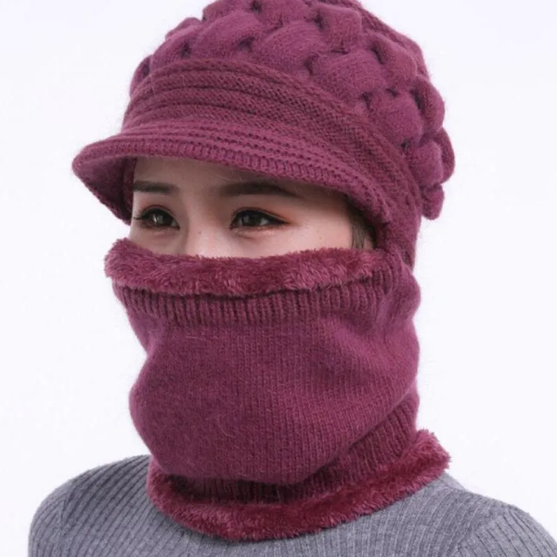 Women Beanie Hat One-piece Bobble Scarf Mask Set Knitted Winter Warm Snow Cap Dustproof Hats Female Wool Outdoor