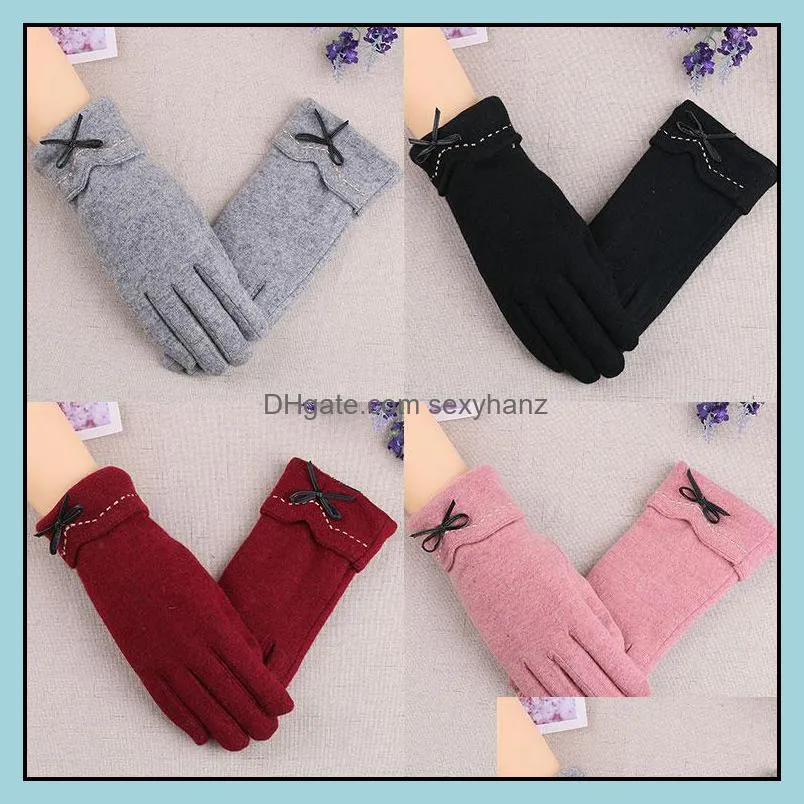 2020 Fashion Winter Female Wool Touch Screen Gloves Women Warm Cashmere Full Finger Leather Bow Dotted Driving Gloves Mittens1