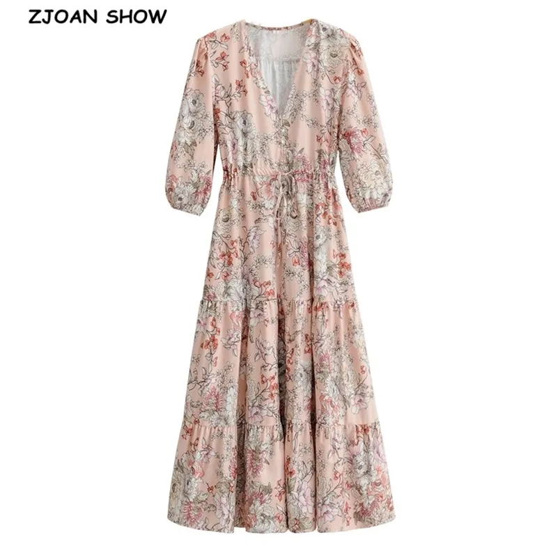 Bohemia Open Buttons V neck Floral Print Dress Split Woman Tie Bow Adjust Waist Hem Slit Long Sleeve Dresses BOHO Beach 210429