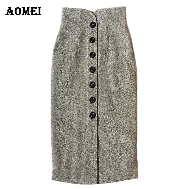 Women Slim Vintage High Waist Pencil Woolen Fall Fashion Winter Ladies Jupe Button Midi Faldas Saias Gray All-Match Skirt 210416