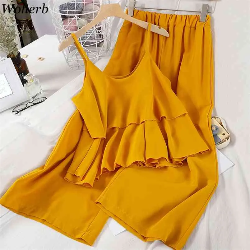 Korean Summer Two Pieces Set Women Ruffle Tank Blouse Top+ Wide Leg Pants Female Casual Solid Suit Outfits 210519