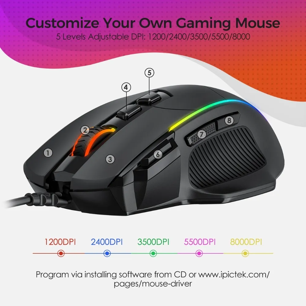 PICTEK PC278 Gaming Mouse Ergonomic Wired Computer Mouse Gamer 8 Buttons Programmable Mice with 8000 DPI RGB Backlit for PC Game (3)