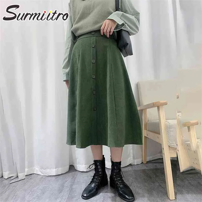 Fashion Spring Autumn Green Corduroy Midi Skirt Women Korean Style Aesthetic High Waist Long Female 210421