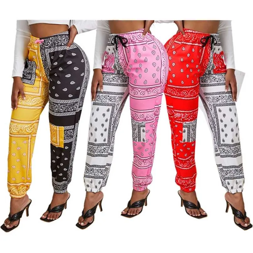 CM.YAYA Sportwear Women Bandanna Paisley Print Jogger Pants Activewear Fashion Patchwork Trousers Draped Sweatpants 211007