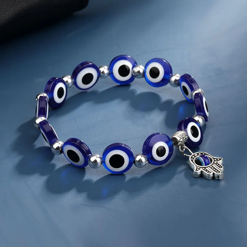 Blue Evil Eye Charm Bracelets Hamsa Hand Bracelet Jewelry for Women Men Black Fashion Lucky Fatima Plam Beaded Stretch Strands