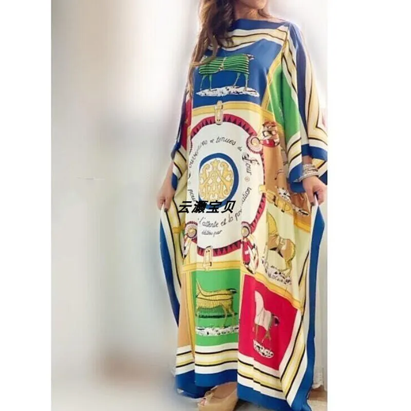 Deat kuwait boêmio vestido de seda feminino cavalo impressão manga morcego solto fino sedoso slash neck nova moda verão am946 210429304i