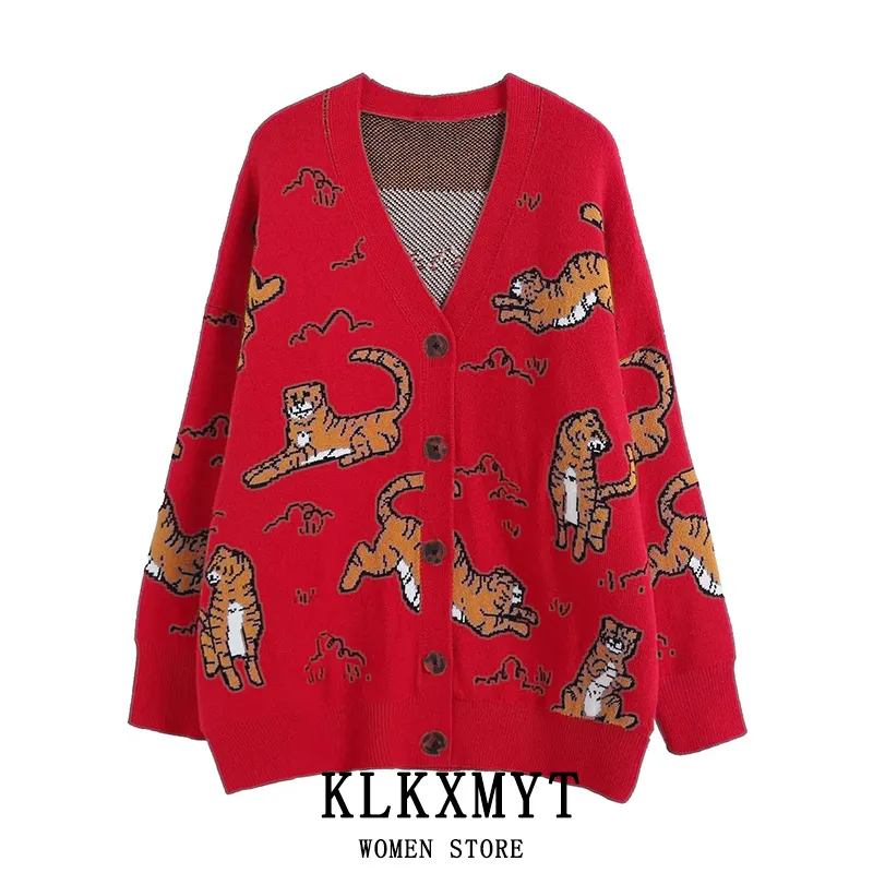 Cardigan tricoté surdimensionné pour femme, pull Vintage, motif Animal, manteau, collection automne-hiver 2022