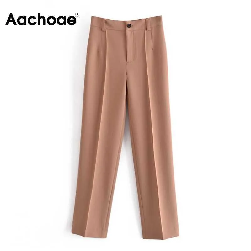 Aachoae nieuwe vrouwen mode 2021 effen kleur straigth broek chic office slijtage dames broek rits vliegen lange bodems mujer broek q0801