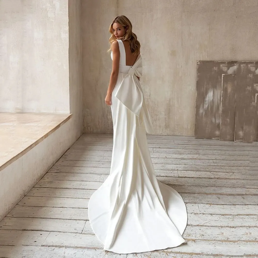mermaid wedding dress with bow in the back Simple Satin Mermaid Wedding Dress with Bow at Back - Off the Shoulder Satin Minimalist Fit &Flare Wedding Gown